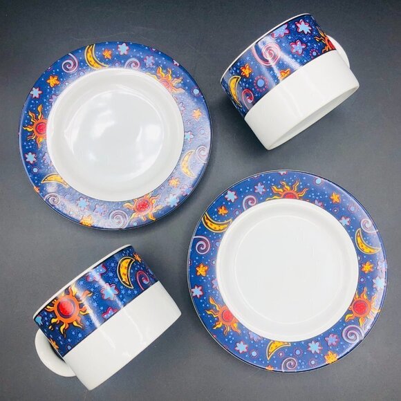 90s SAKURA Stoneware Celestial Cup Saucer Set PAIR Vintage Astral Moon Star Sun - Picture 3 of 10